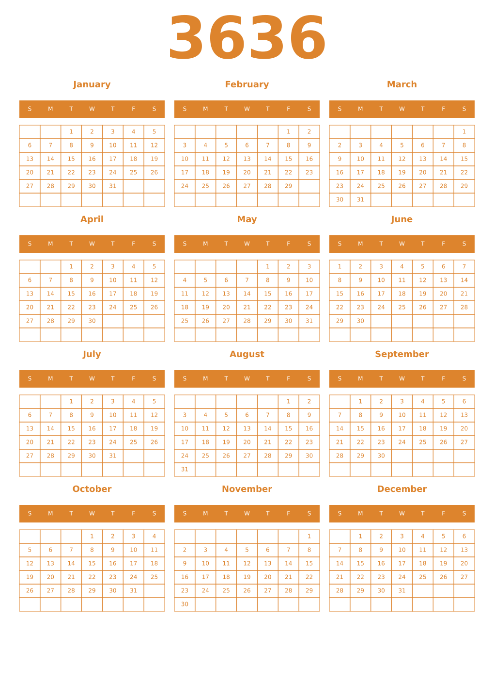 Printable 3636 Year Calendars orange