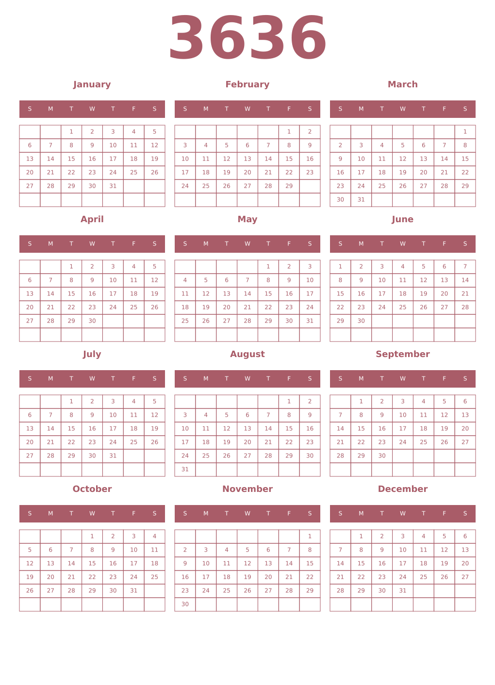 Printable 3636 Year Calendars puce