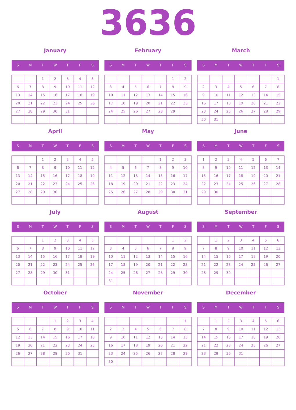 Printable 3636 Year Calendars purple