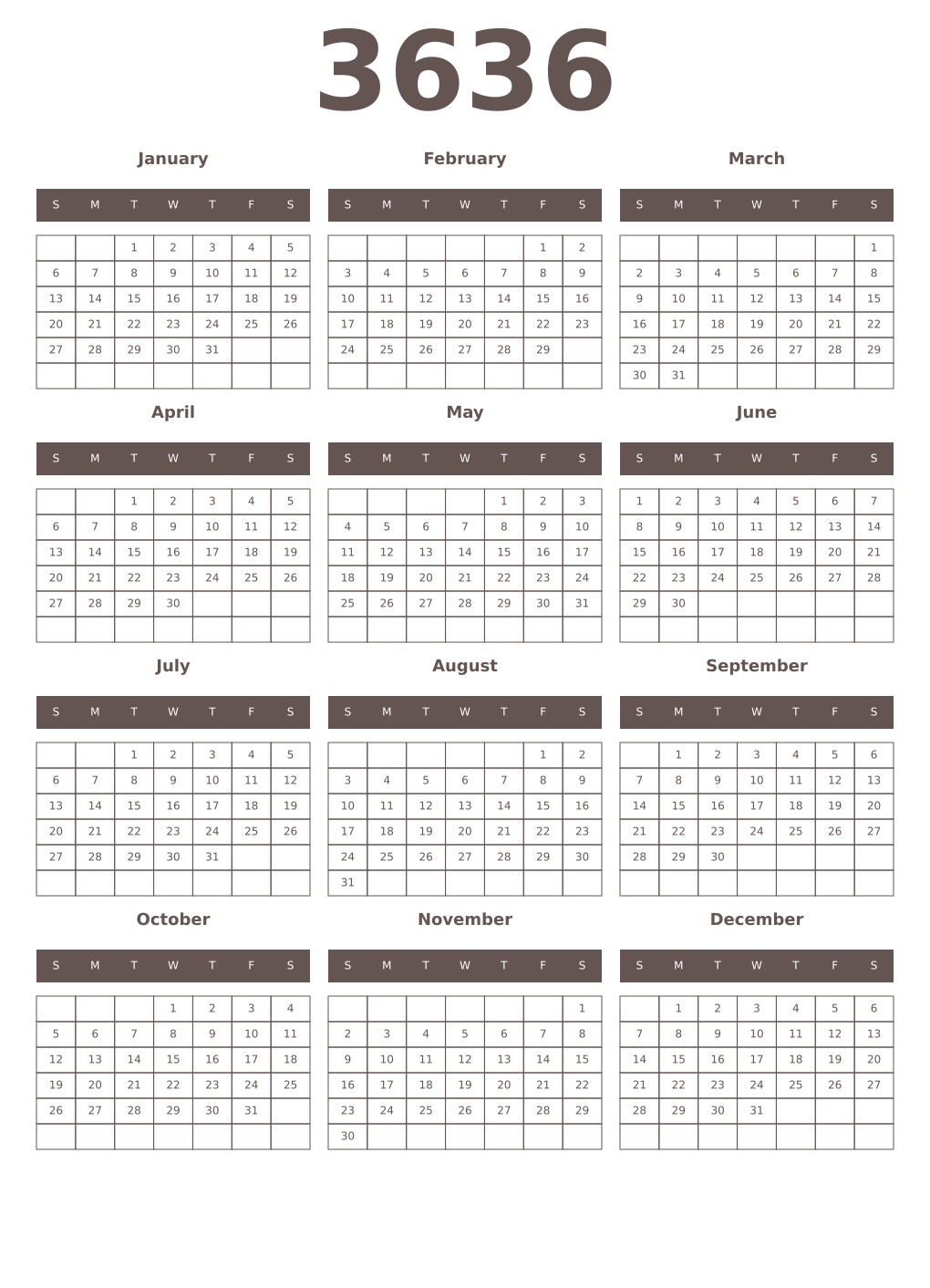 Printable 3636 Year Calendars wenge