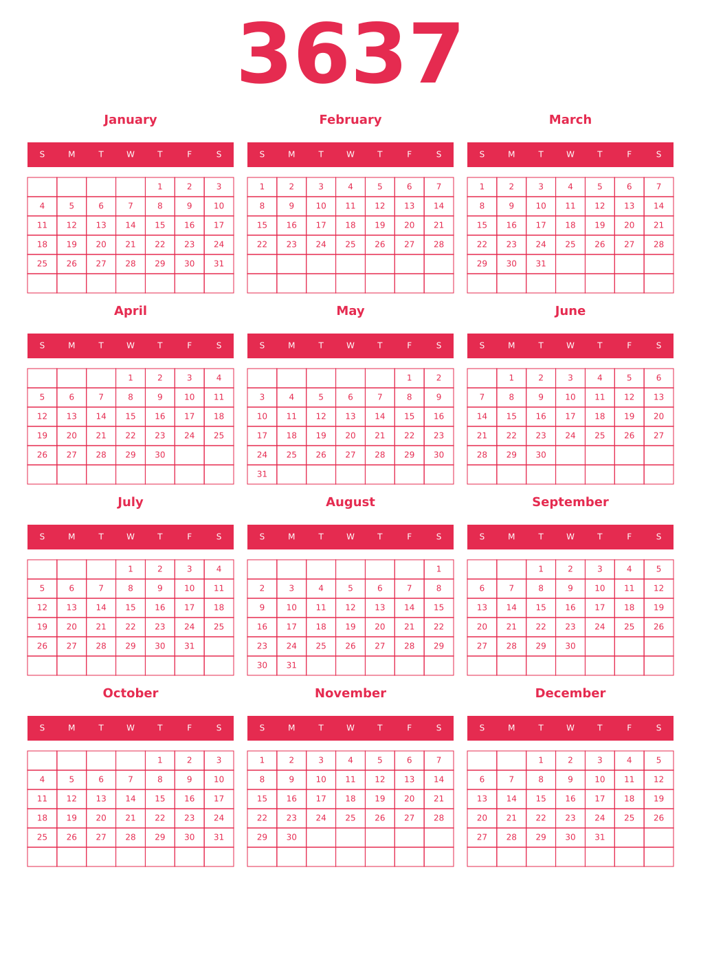 Printable 3637 Year Calendars amaranth