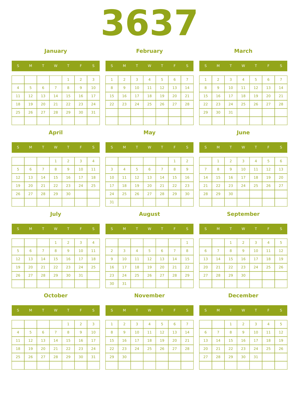 Printable 3637 Year Calendars chartreuse