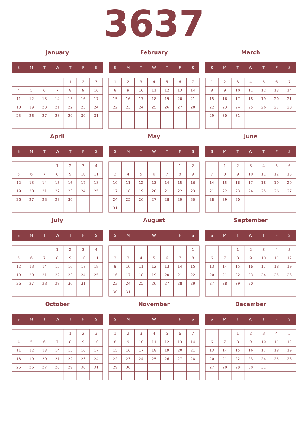 Printable 3637 Year Calendars cordovan