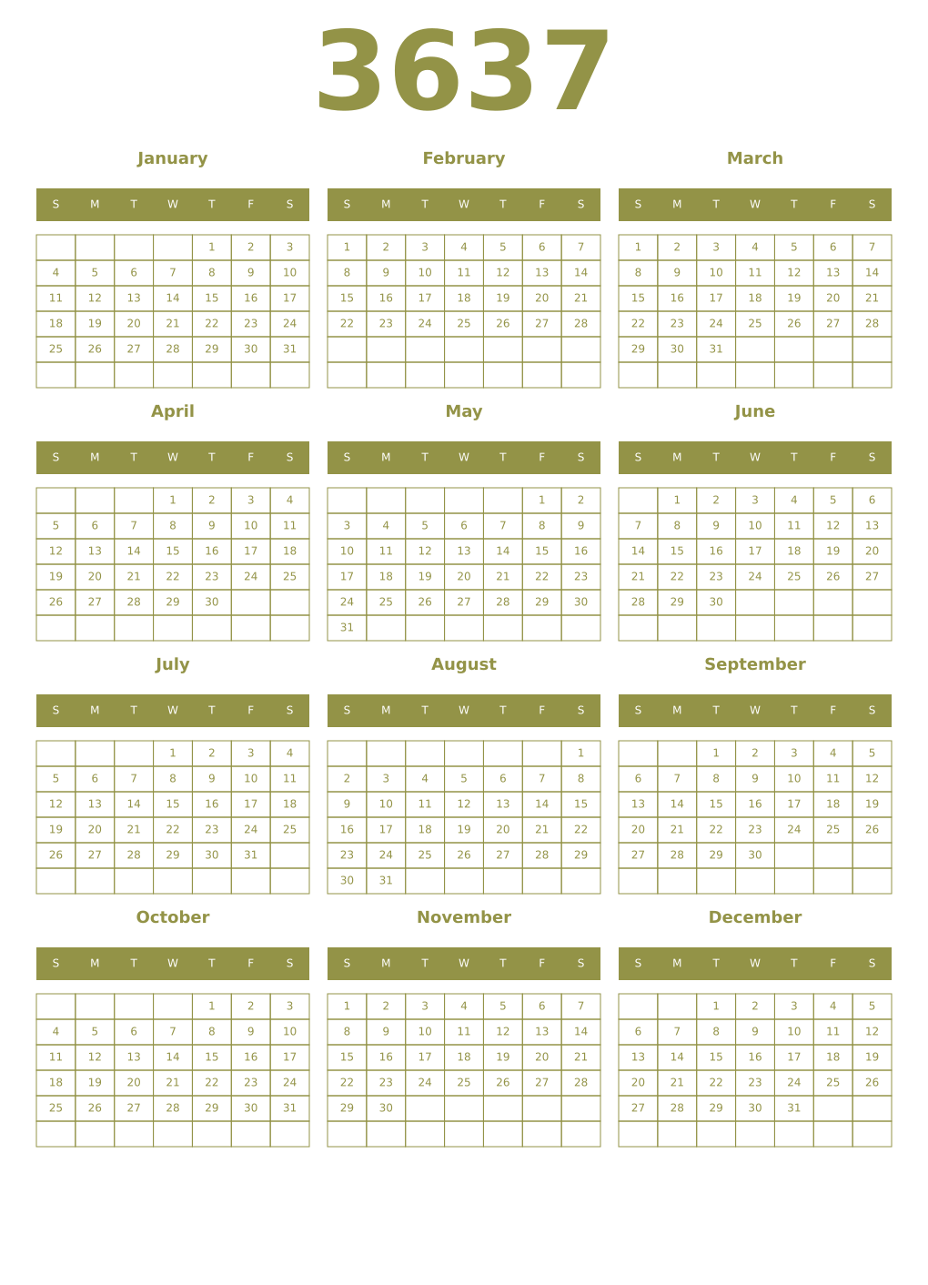 Printable 3637 Year Calendars eburnean