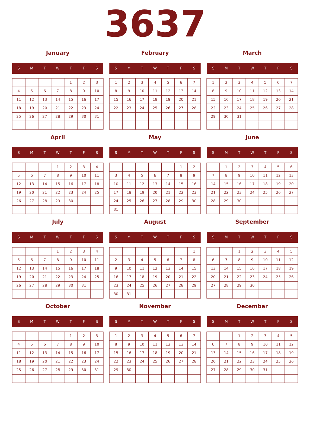 Printable 3637 Year Calendars falu