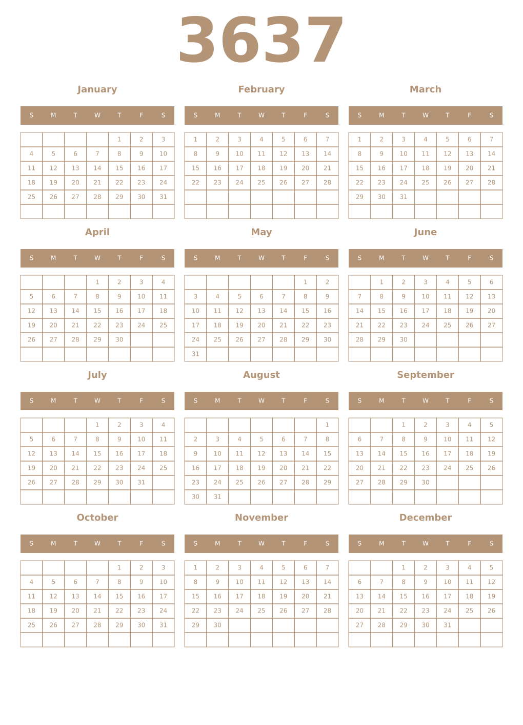 Printable 3637 Year Calendars isabelline