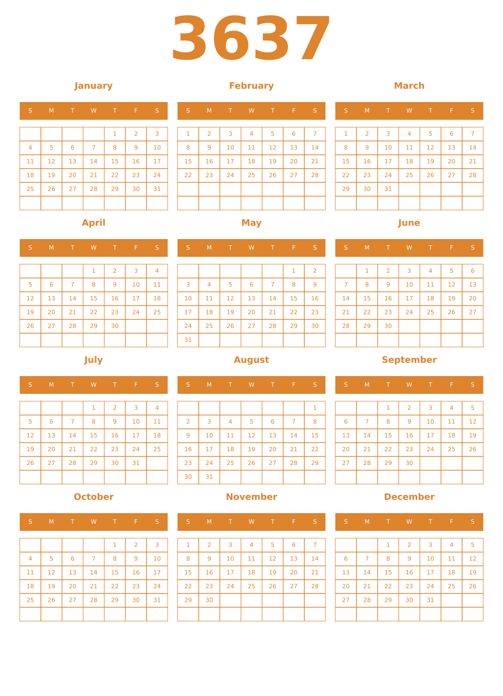 Printable 3637 Year Calendars orange