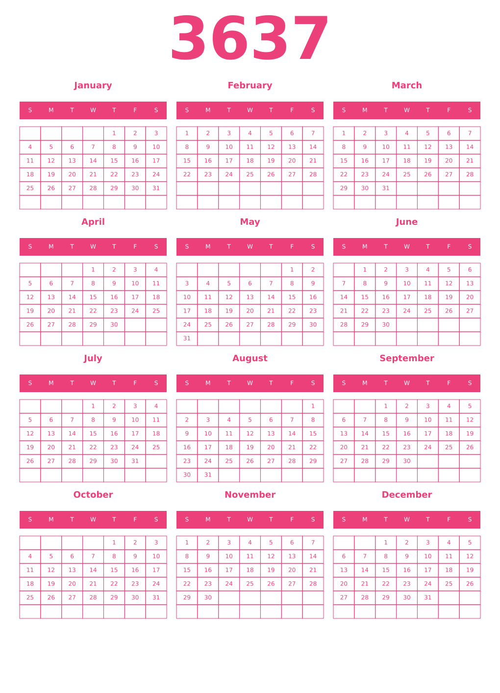 Printable 3637 Year Calendars pink
