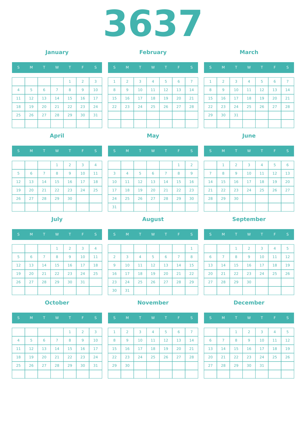 Printable 3637 Year Calendars verdigris