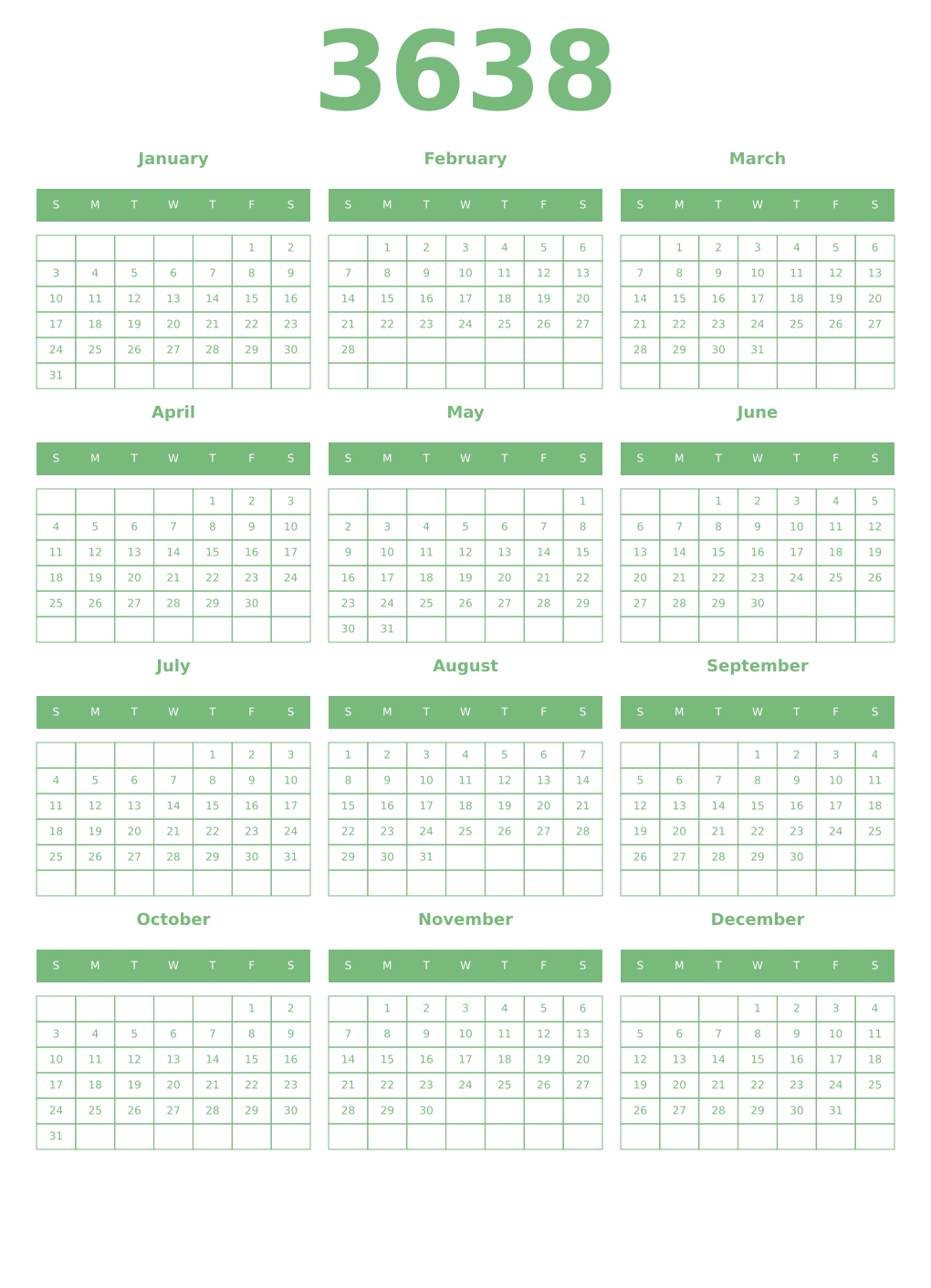 Printable 3638 Year Calendars celadon