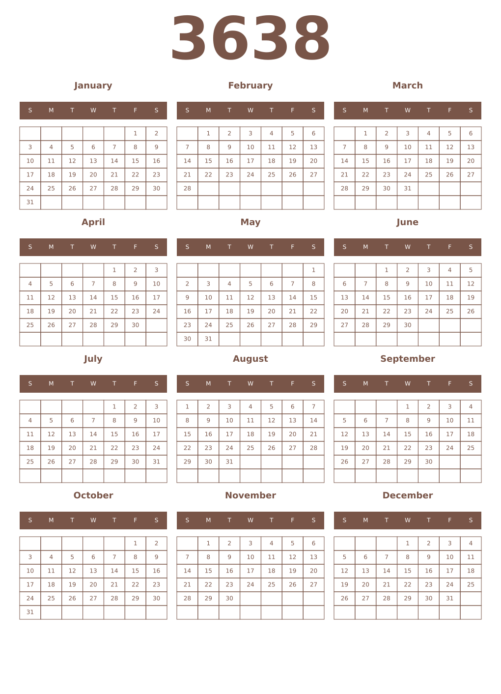 Printable 3638 Year Calendars coffe