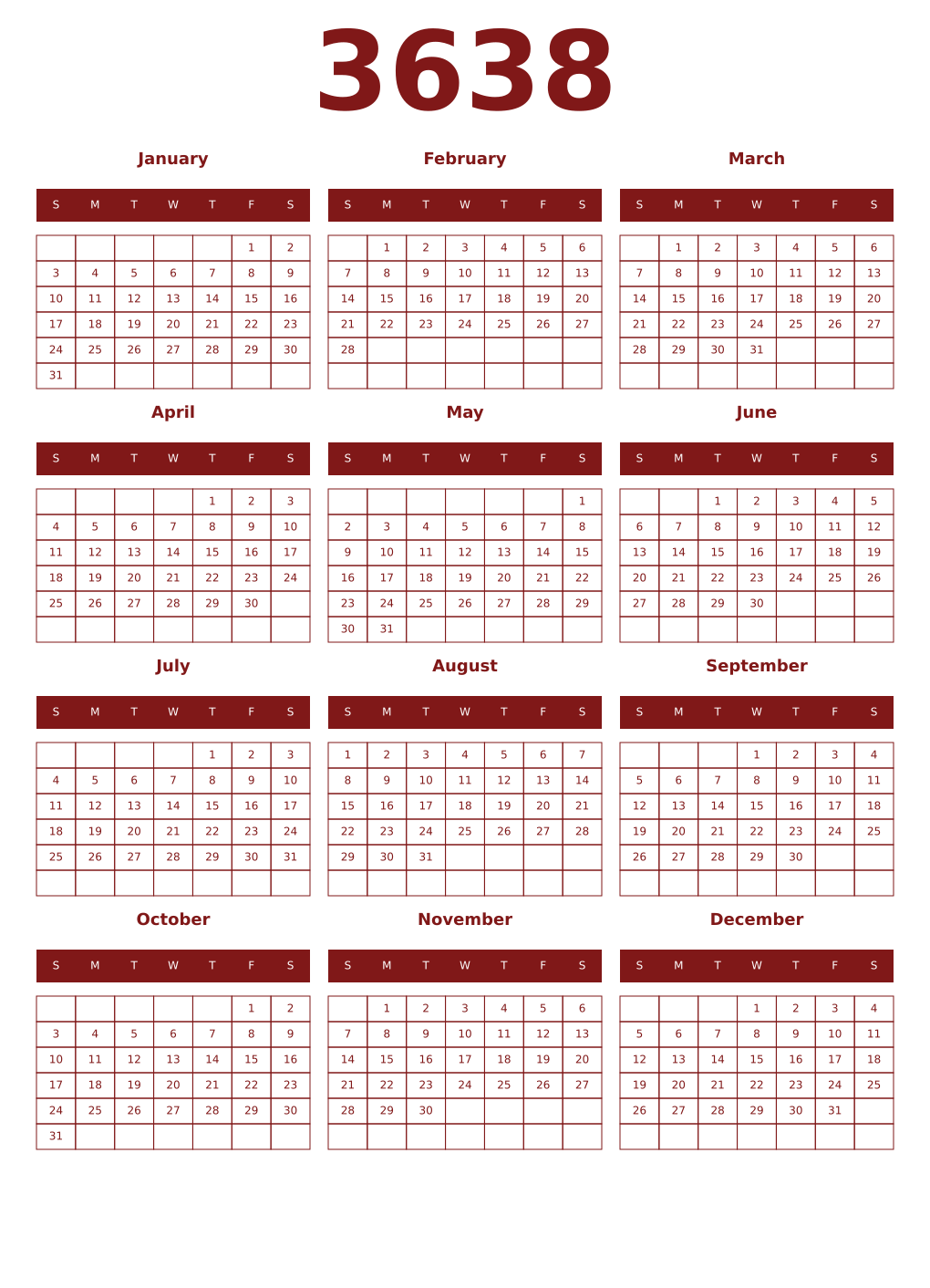 Printable 3638 Year Calendars falu