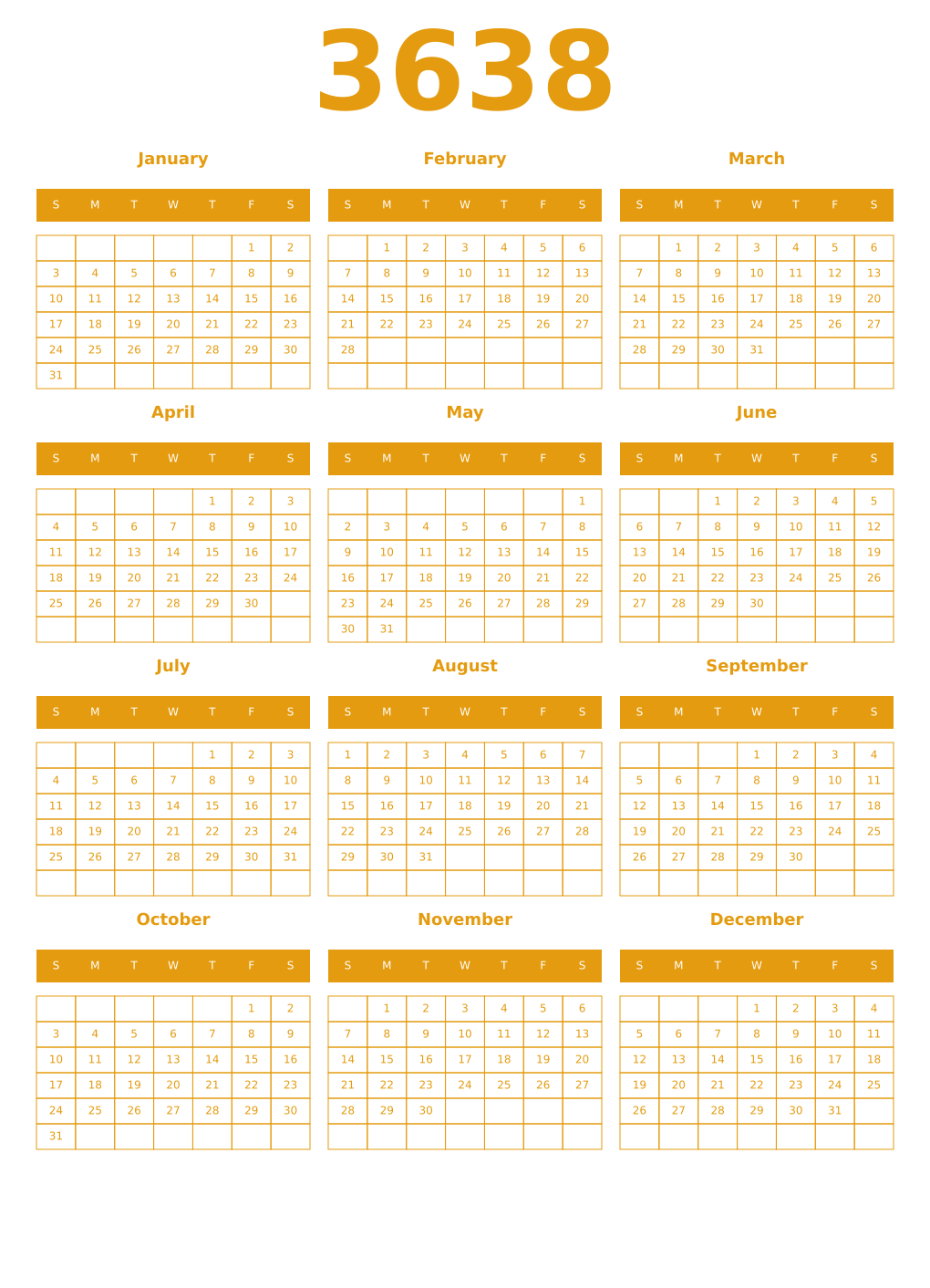 Printable 3638 Year Calendars gamboge