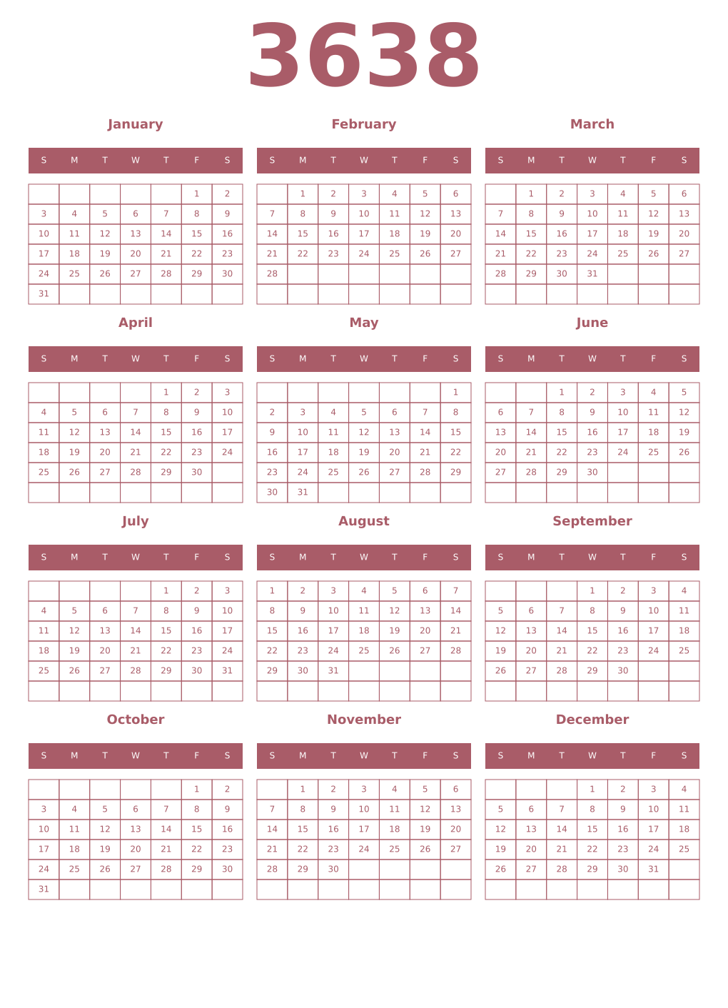 Printable 3638 Year Calendars puce