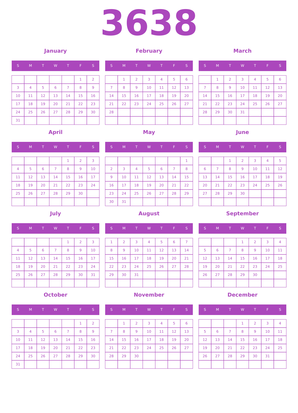 Printable 3638 Year Calendars purple