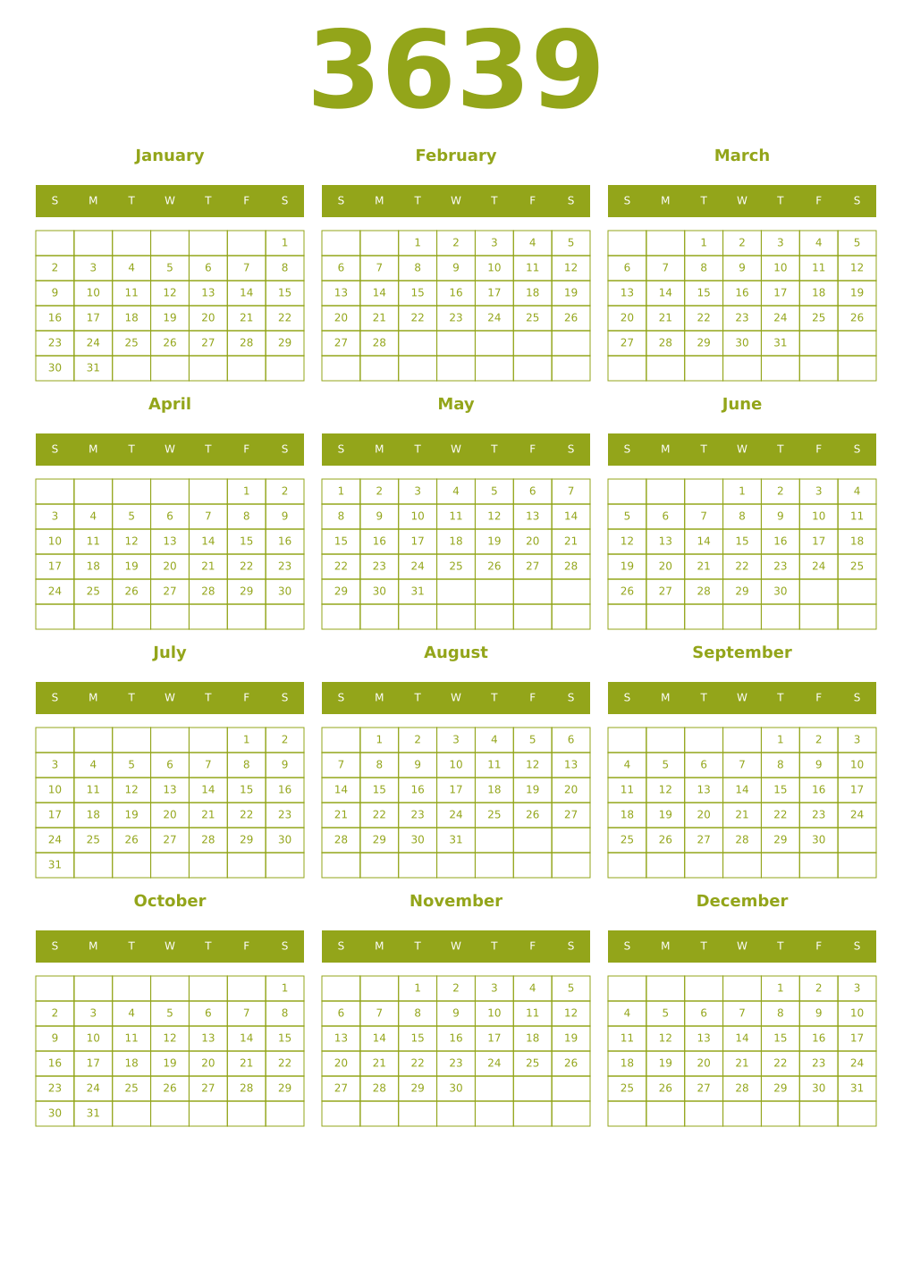 Printable 3639 Year Calendars chartreuse