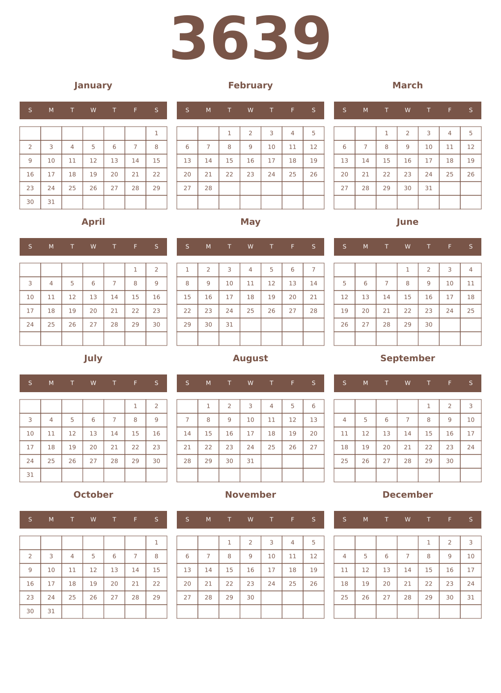Printable 3639 Year Calendars coffe