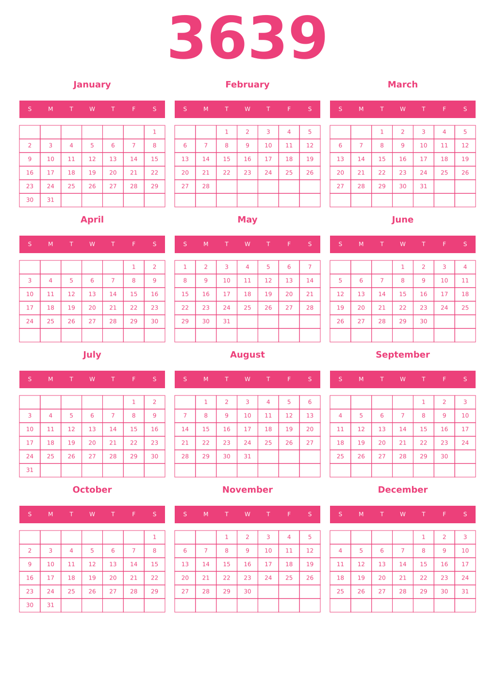 Printable 3639 Year Calendars pink