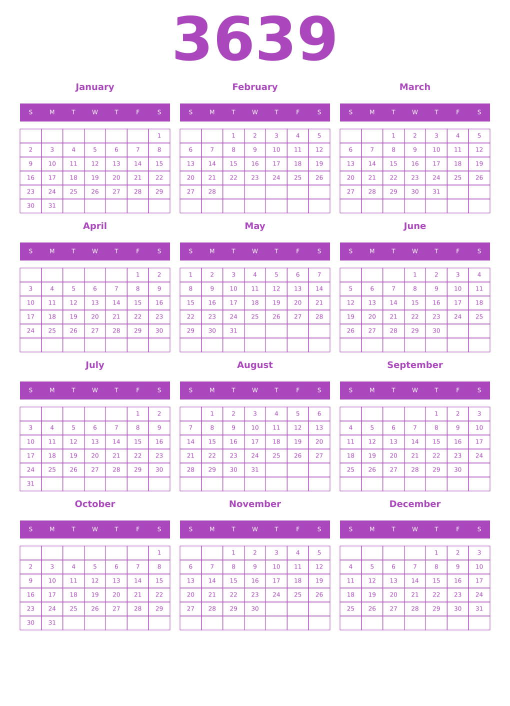 Printable 3639 Year Calendars purple