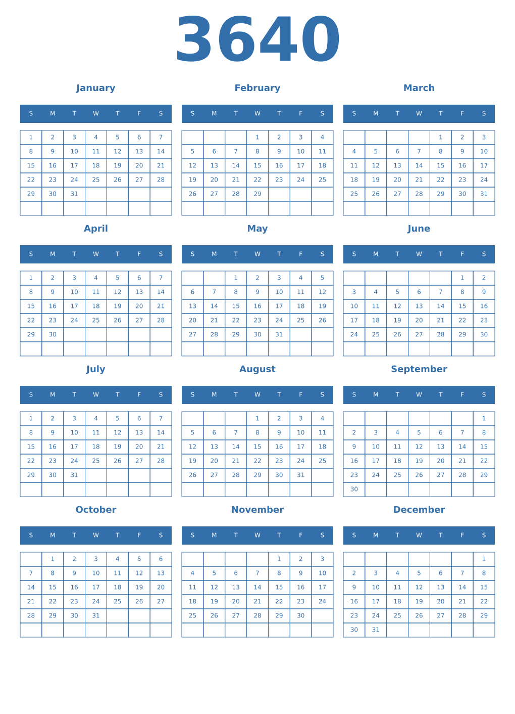 Printable 3640 Year Calendars blue