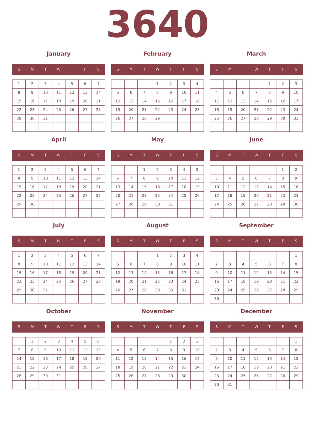 Printable 3640 Year Calendars cordovan