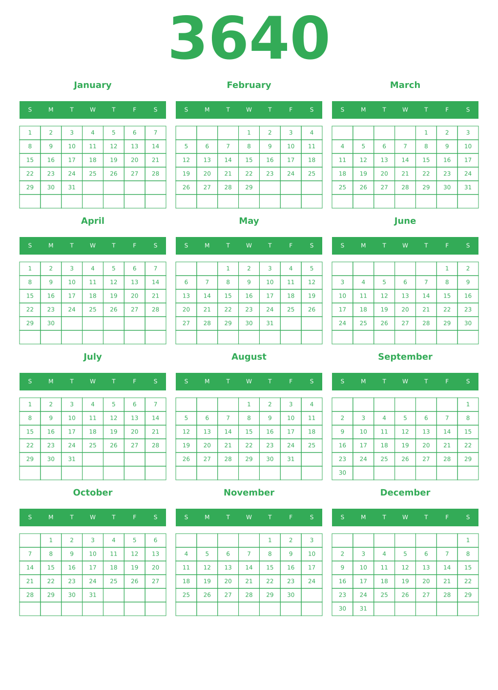 Printable 3640 Year Calendars green
