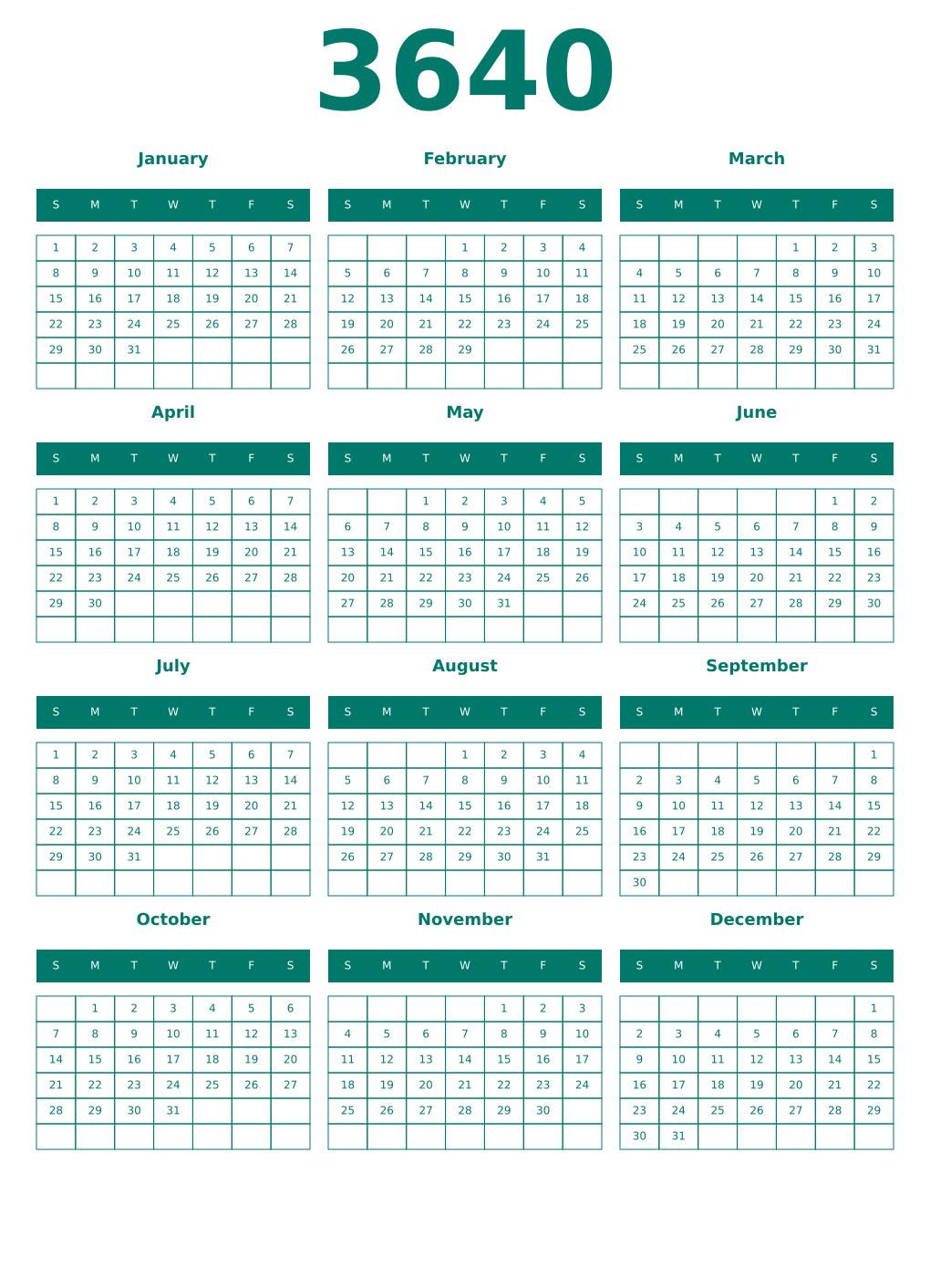 Printable 3640 Year Calendars pastel