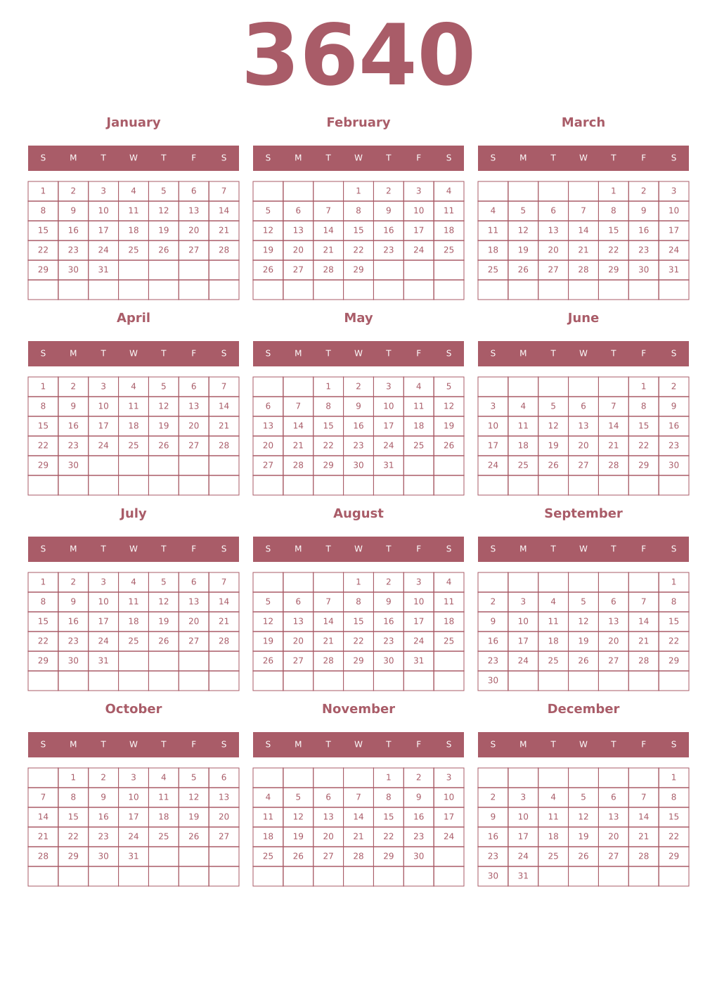 Printable 3640 Year Calendars puce