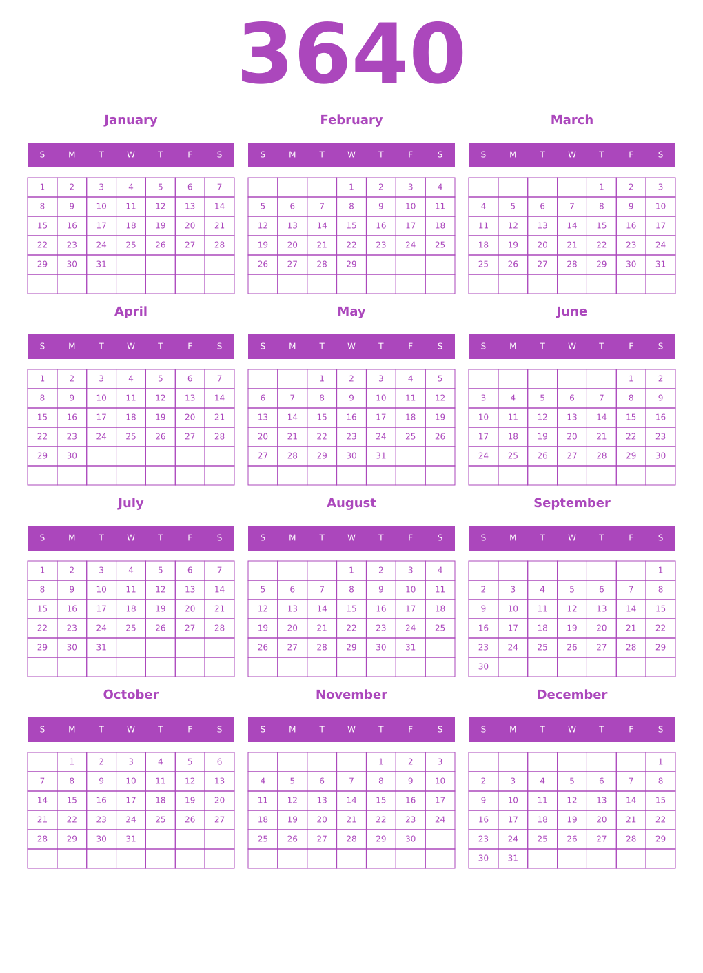 Printable 3640 Year Calendars purple