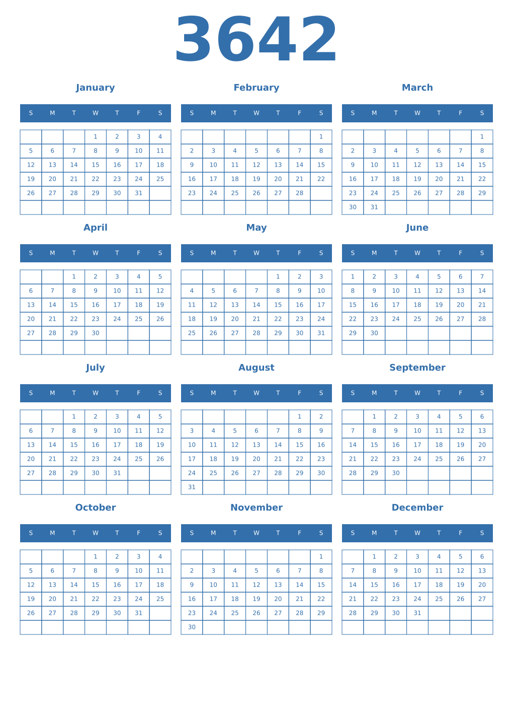 Printable 3642 Year Calendars blue