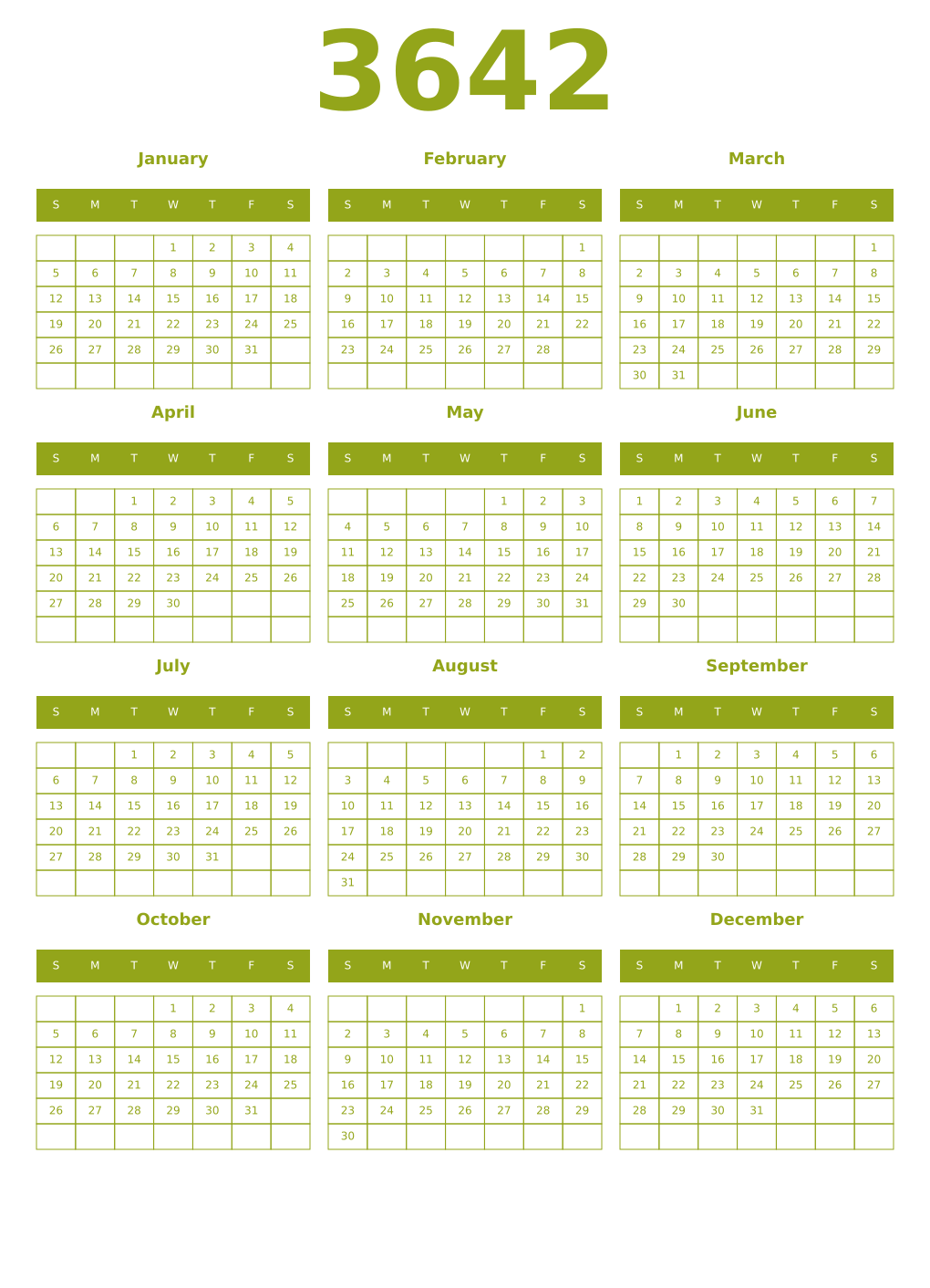 Printable 3642 Year Calendars chartreuse