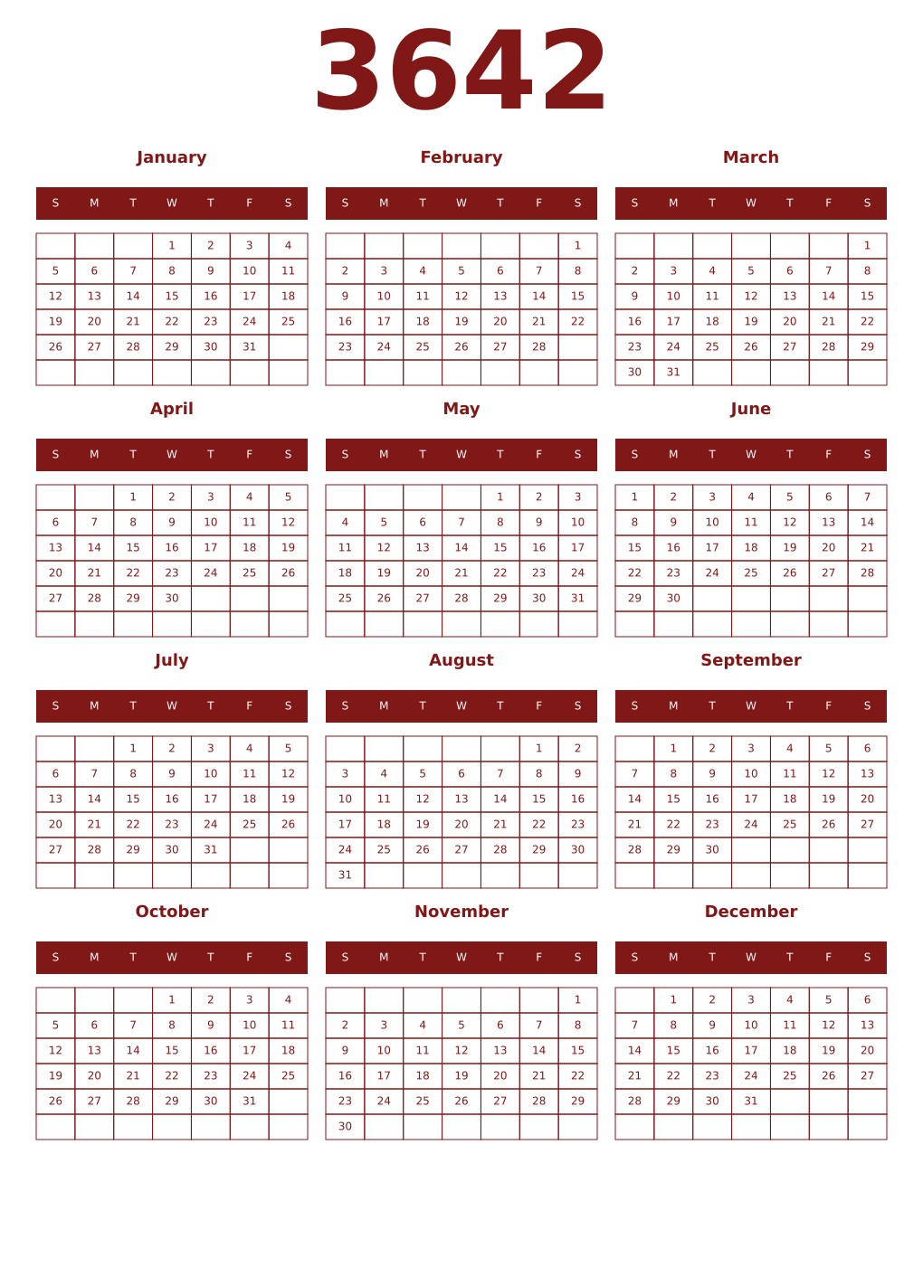 Printable 3642 Year Calendars falu
