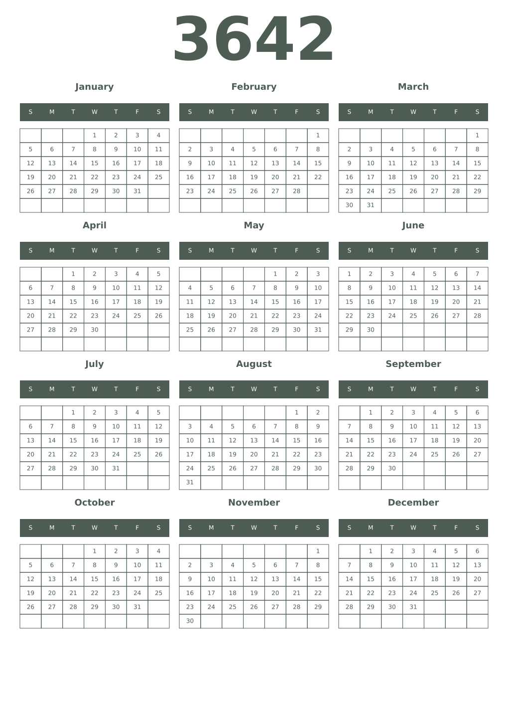 Printable 3642 Year Calendars feldgrau