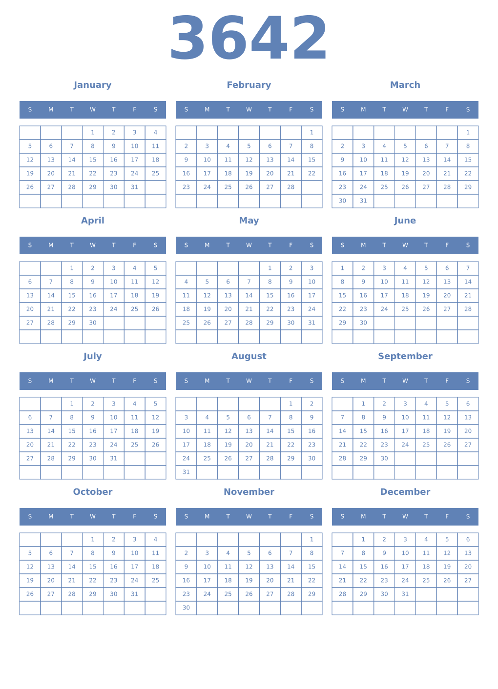 Printable 3642 Year Calendars glaucous