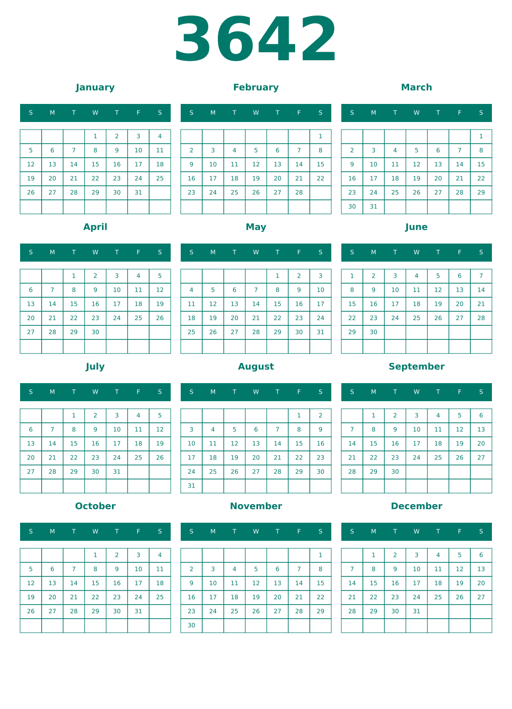Printable 3642 Year Calendars pastel