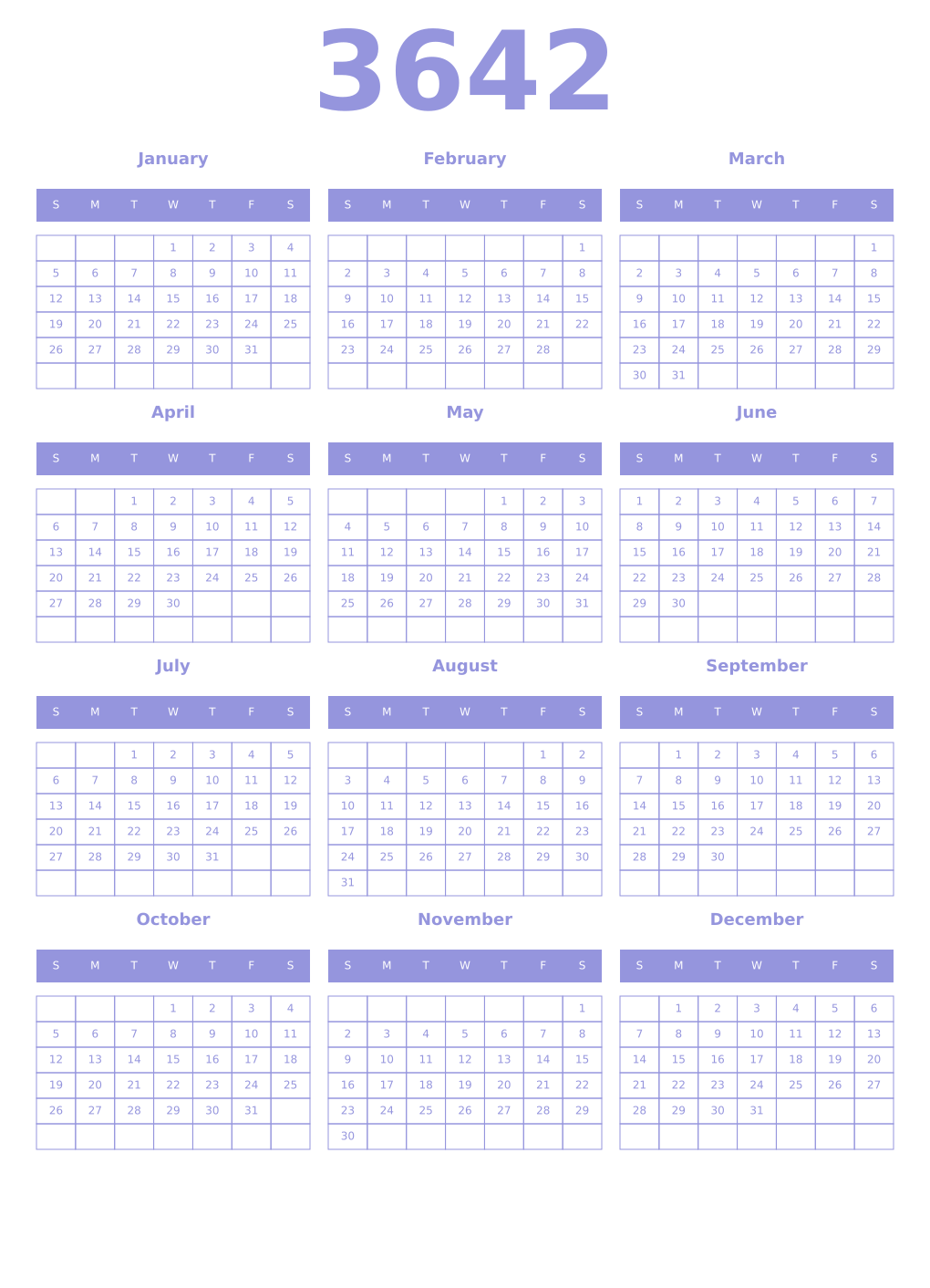 Printable 3642 Year Calendars periwinkle
