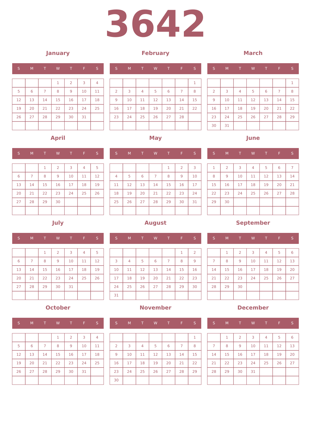 Printable 3642 Year Calendars puce