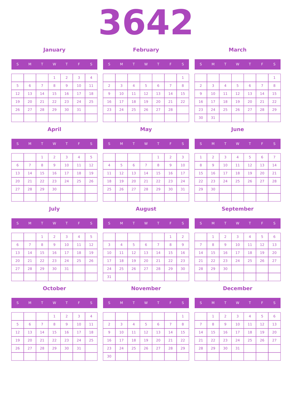 Printable 3642 Year Calendars purple
