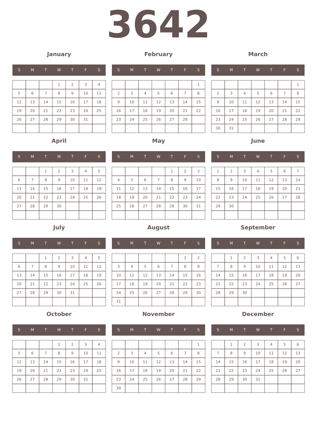 Printable 3642 Year Calendars wenge