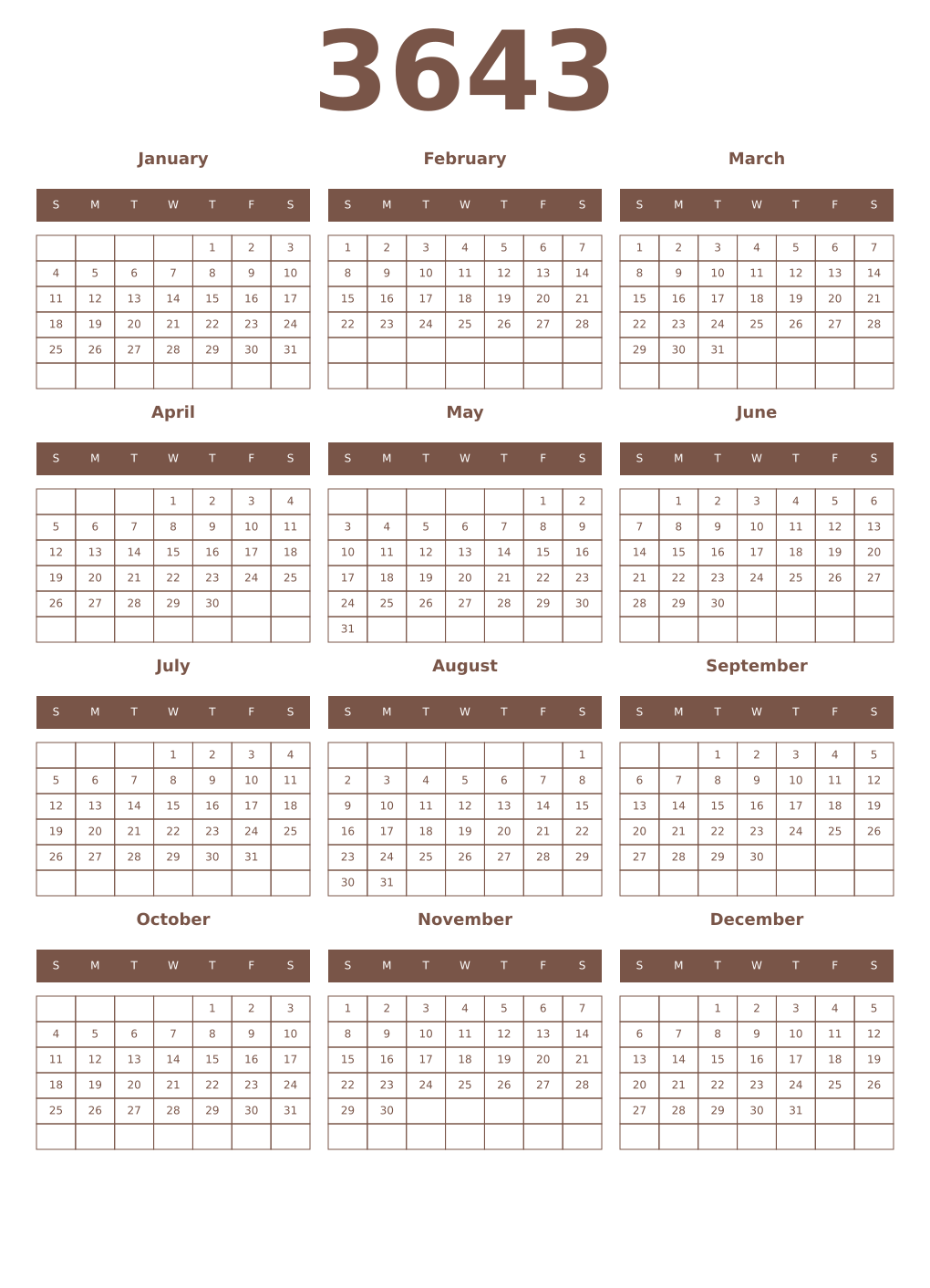 Printable 3643 Year Calendars coffe