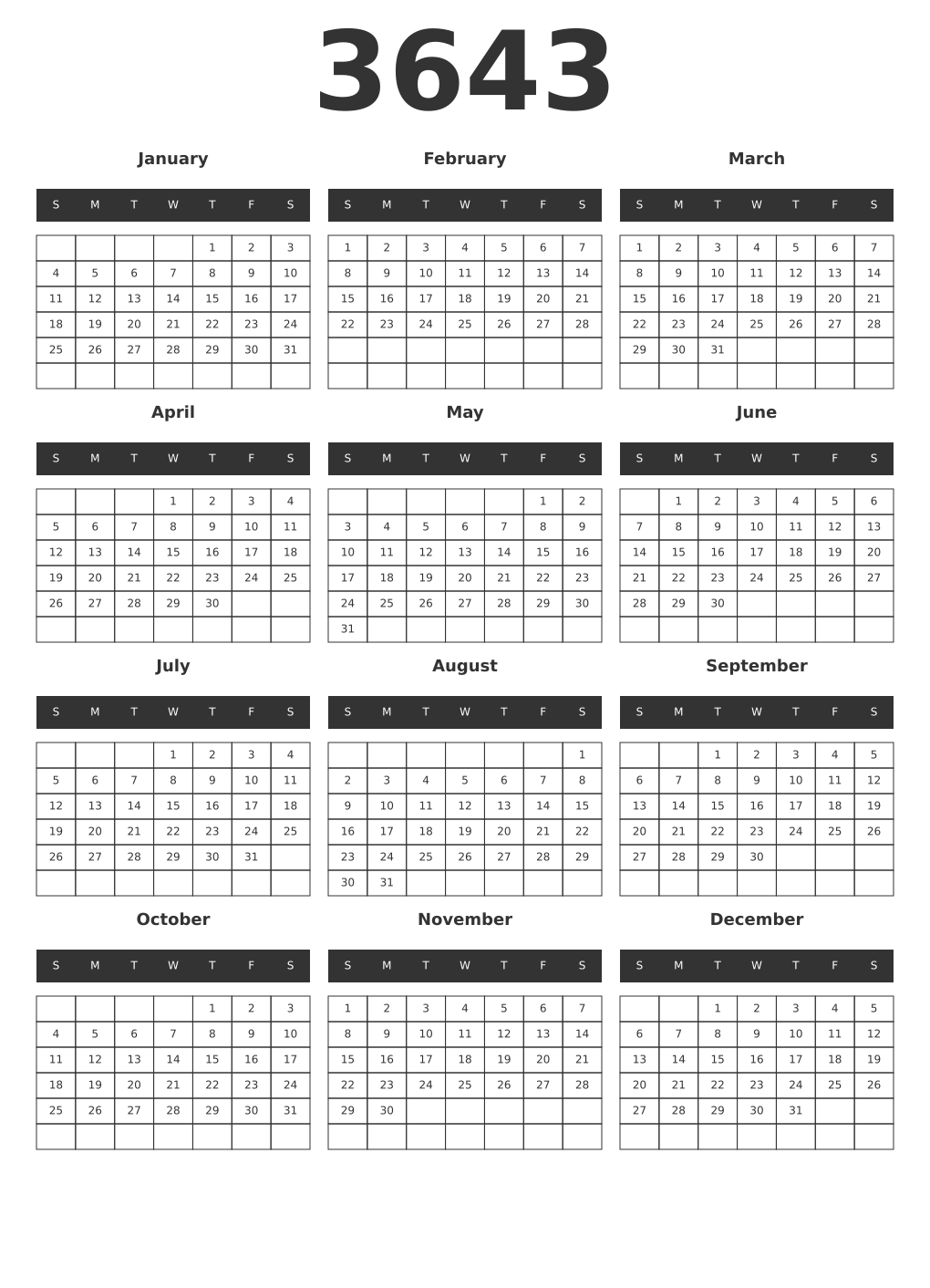 Printable 3643 Year Calendars dark