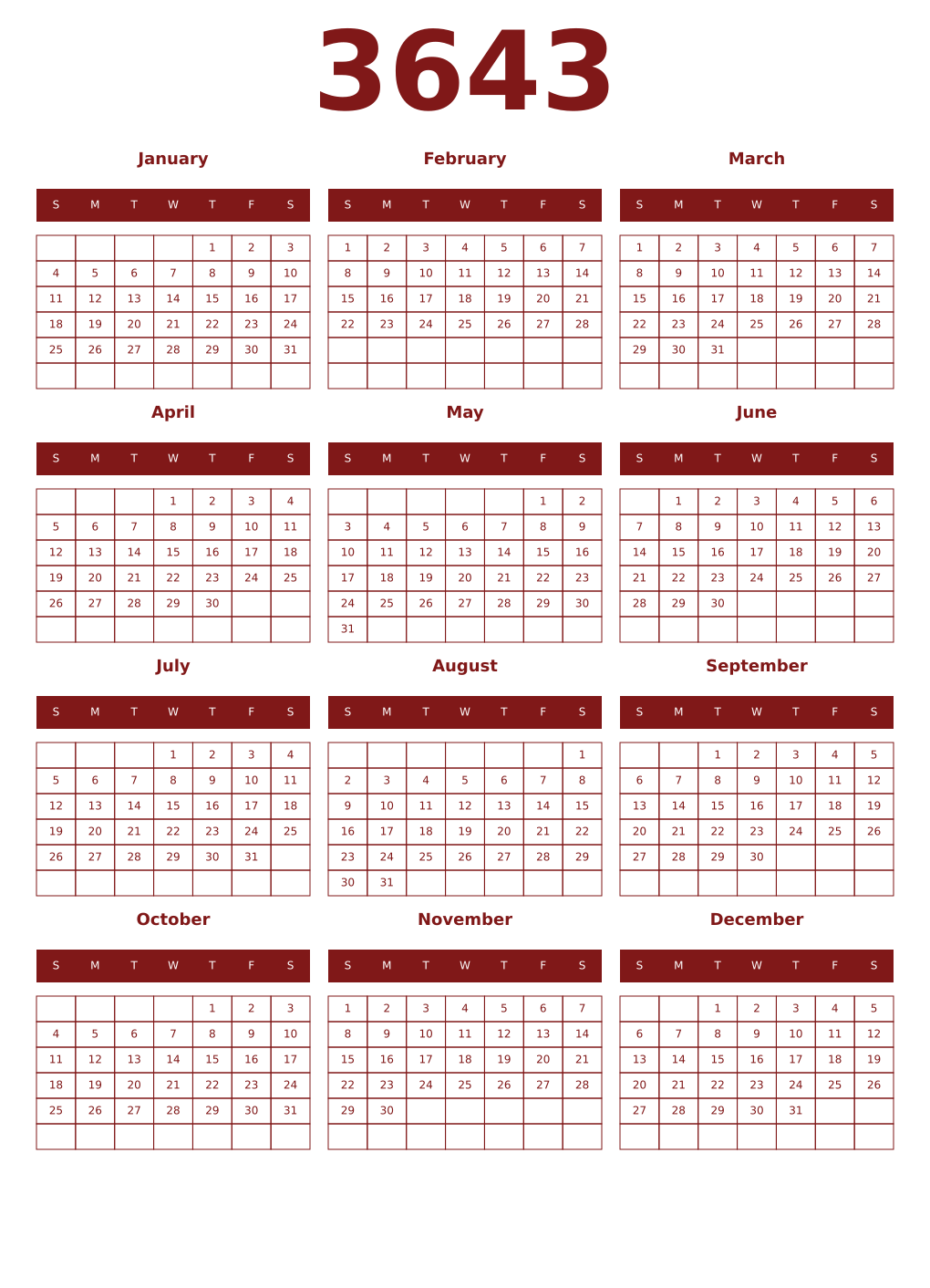 Printable 3643 Year Calendars falu