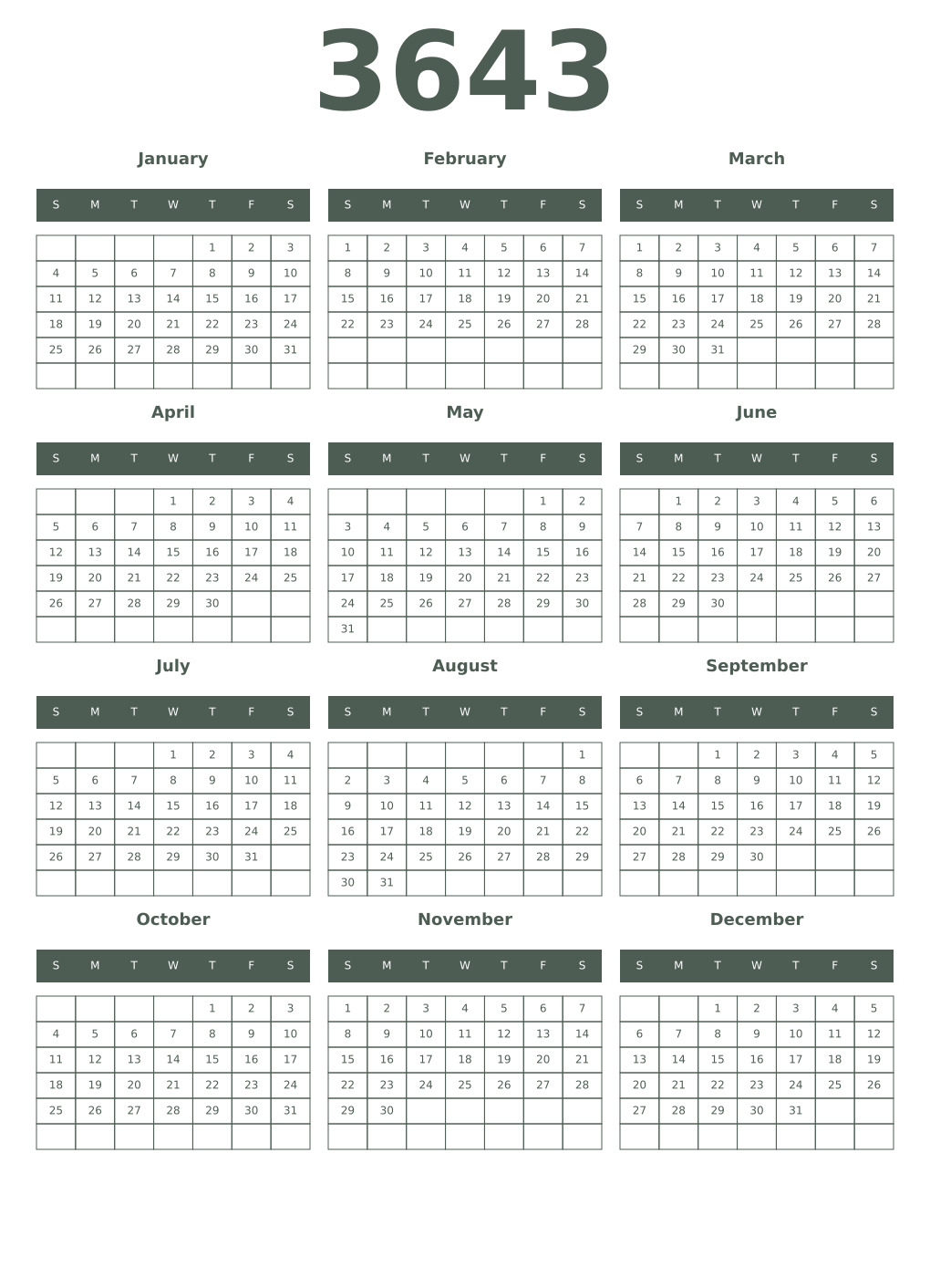 Printable 3643 Year Calendars feldgrau