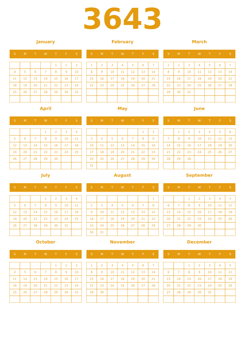 Printable 3643 Year Calendars gamboge