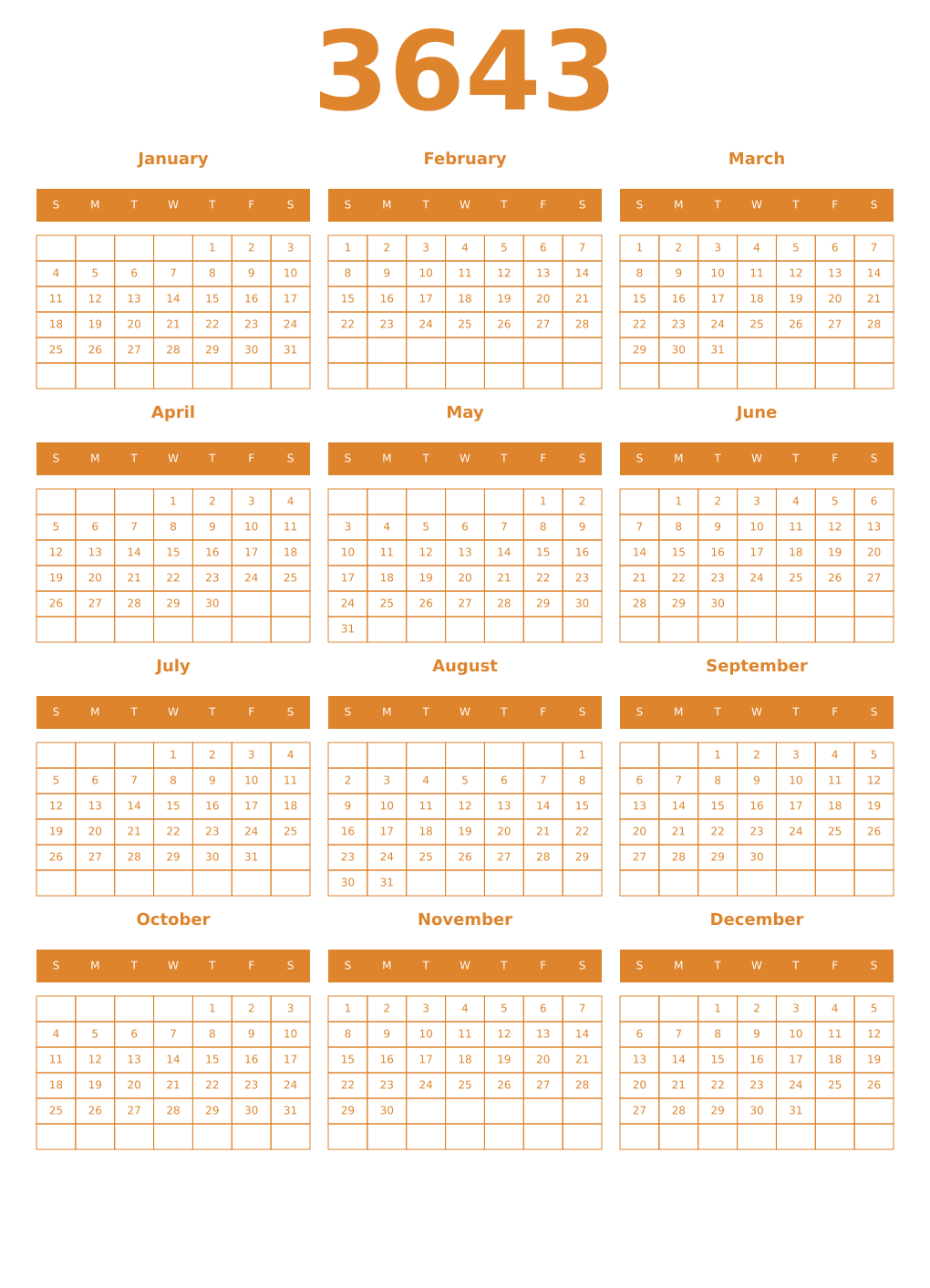Printable 3643 Year Calendars orange