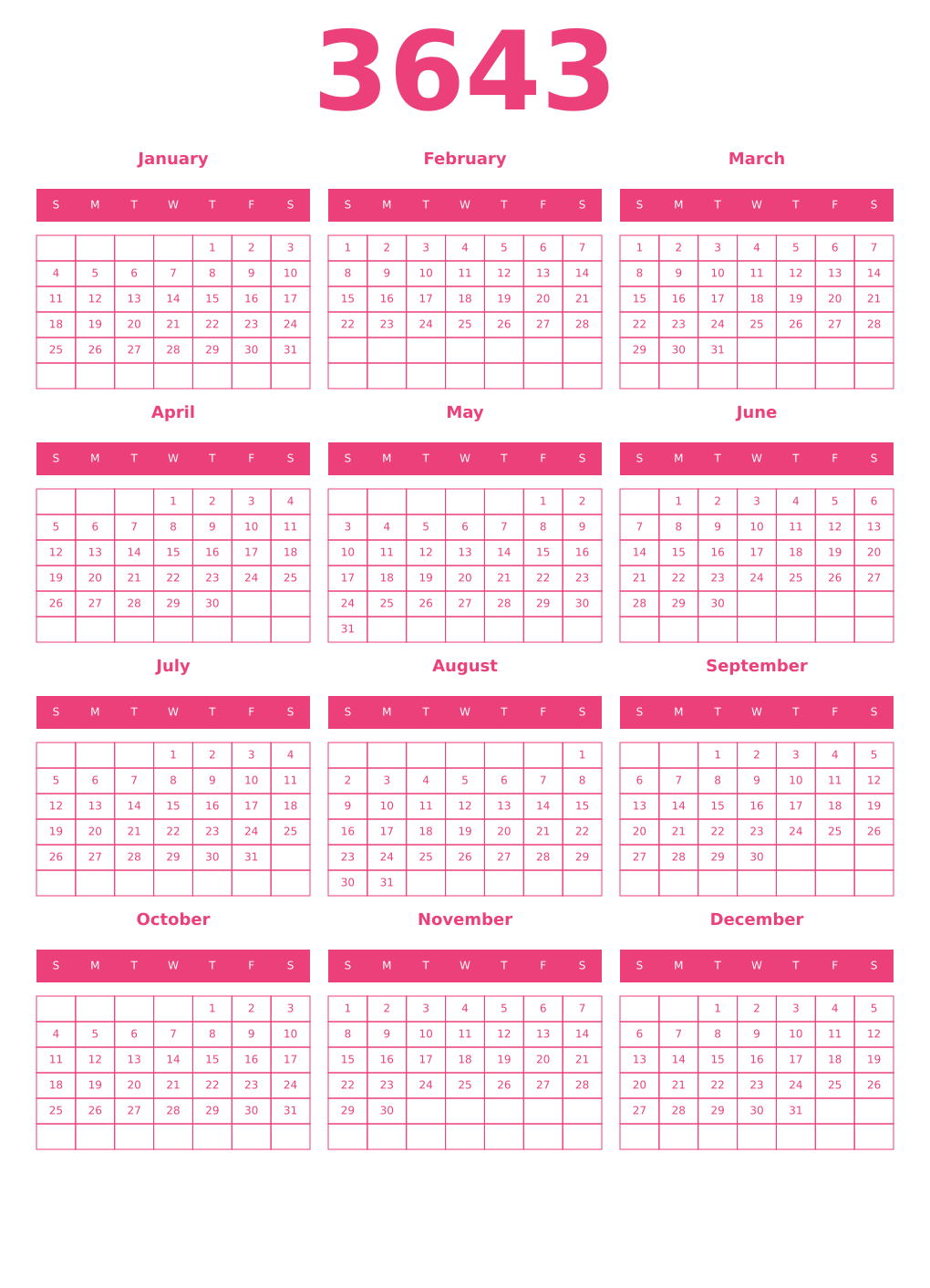 Printable 3643 Year Calendars pink