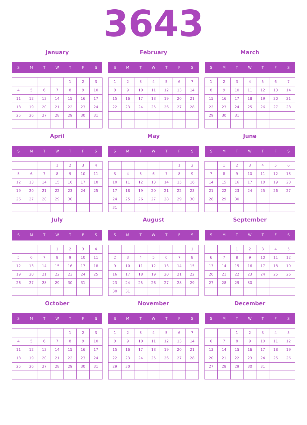 Printable 3643 Year Calendars purple