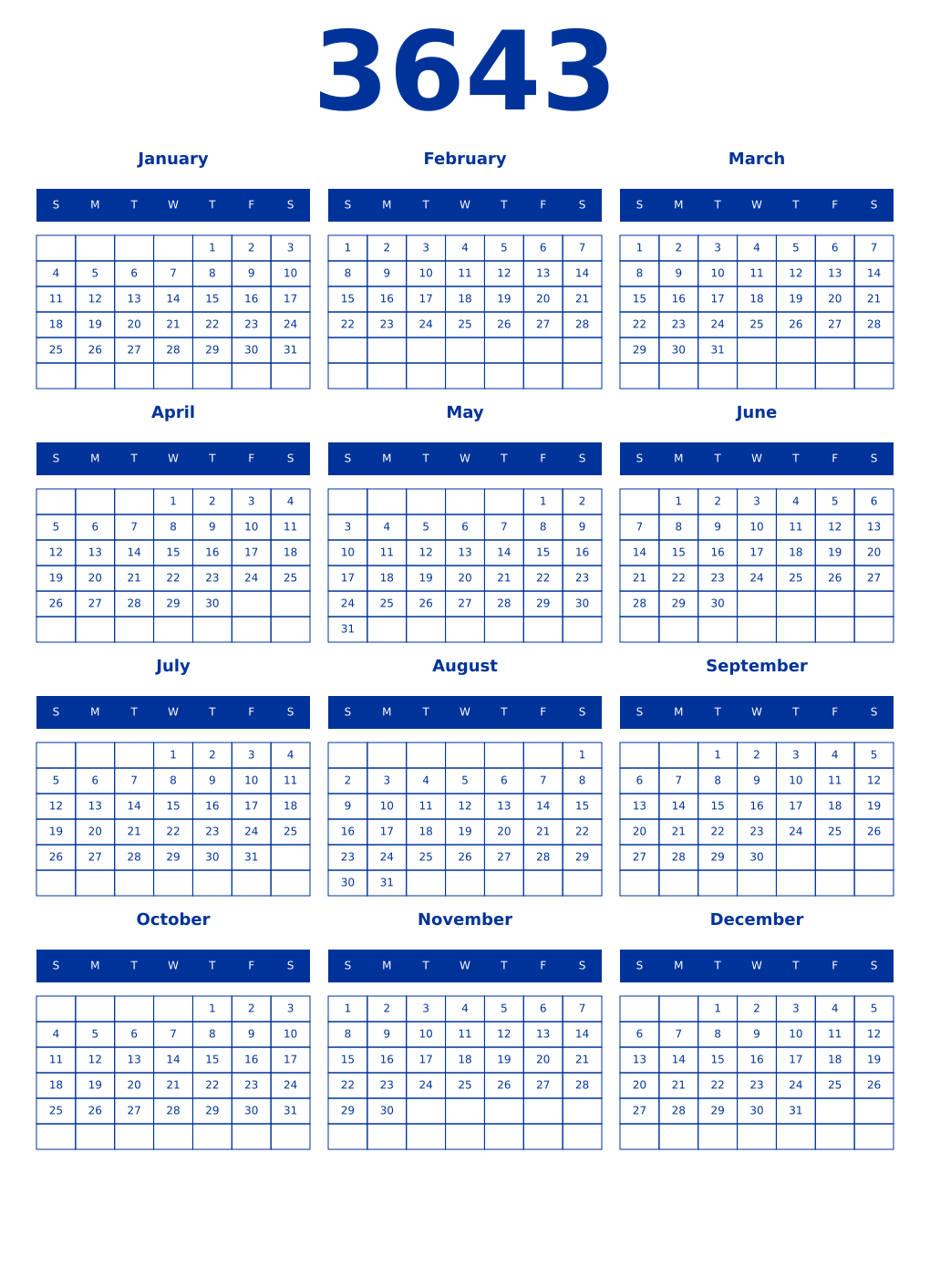 Printable 3643 Year Calendars smalt