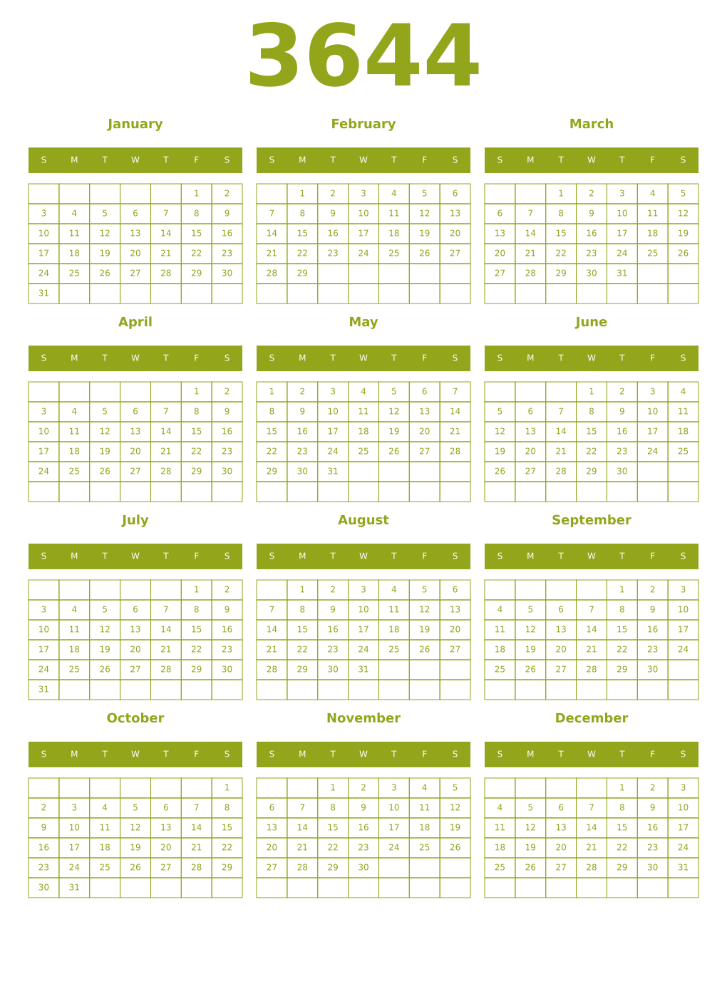 Printable 3644 Year Calendars chartreuse