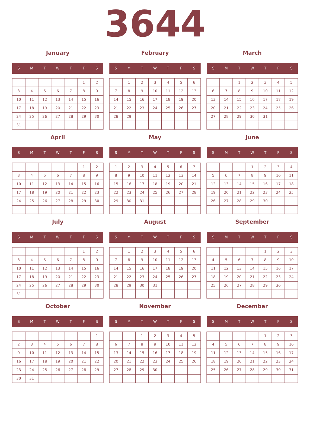 Printable 3644 Year Calendars cordovan